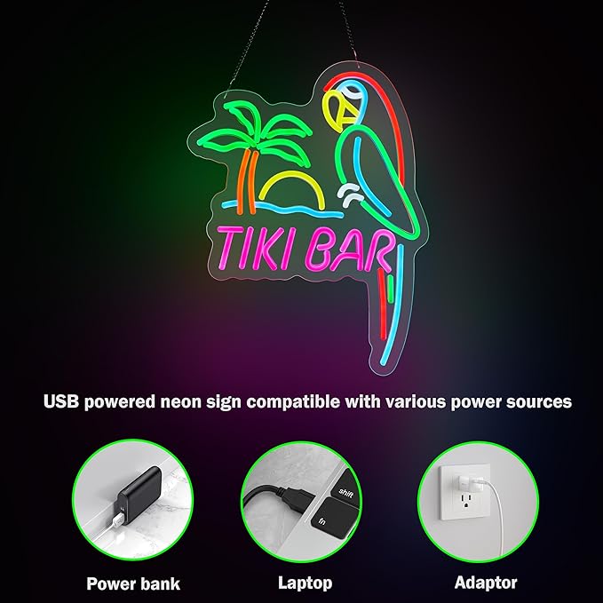 ZODZ Tiki Bar Parrot Neon Light Sign for Wall Décor Hawaii Pool Tiki Bar Party Dimmable Switch LED Lights with USB Powered for Man Cave Decor Gift.