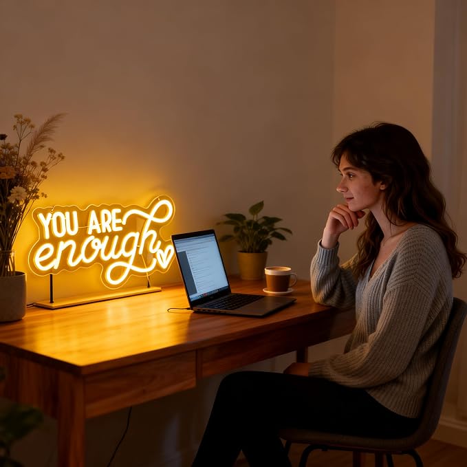 You Are Enough Neon Sign, Self Love Neon Light with Floral Decor, Motivational Wall Art for Bedroom, Therapy Office Decor, Mental Health Awareness Gift, USB Dimmable (16.5"x8.3")