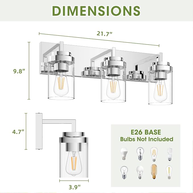 Chrome Light Fixtures, 3 Light Bathroom Vanity Light with Clear Glass Shade, 22in Modern Vanity Light, Bathroom Lighting Fixtures Over Mirror for Living Room