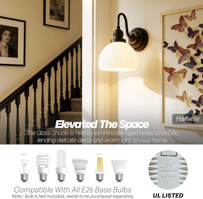 Black Wall Sconce Vintage Milk Glass Bathroom Vanity Light | Bathroom Light Fixtures,Matte Black,Thick Half-Round Glass Shade,Hardwired Only,E26 Base,for Bathroom Mirror Hallway