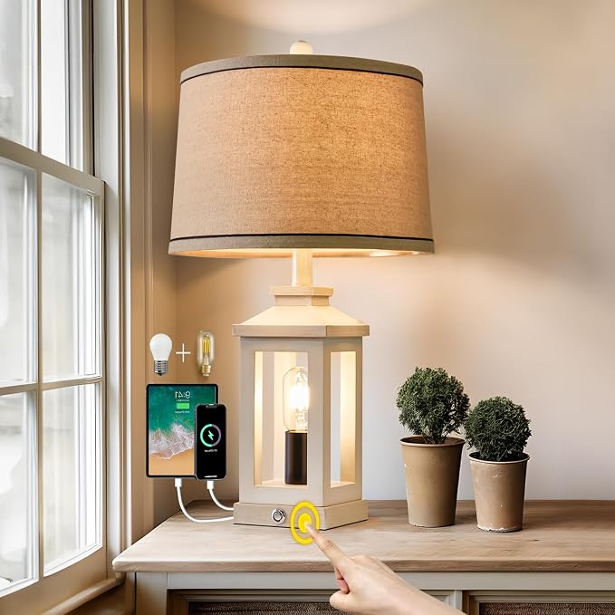 G-SAFAVA 23.75" Retro Farmhouse USB C+A Ports Table Lamp with 3 Way Dimmable Touch Control White Nightlight Vintage Modern Lamp for Living Room Bedroom with 2 Light Sources