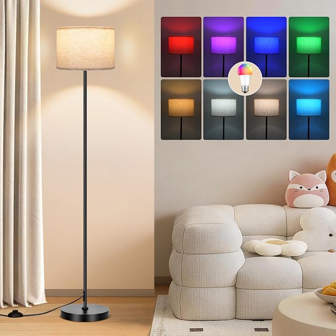 FRIDEKO HOME Floor Lamp for Living Room - Bedroom Standing Tall Lamps with Remote & Color Changing Light Bulbs - Dimmable Mordern Corner Lights for Office with Beige Shade