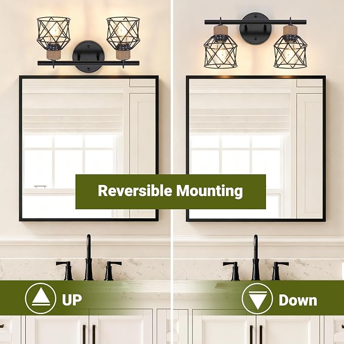 2-Light Farmhouse Bathroom Light Fixtures, Rustic Black Bathroom Lighting Over Mirror with Metal Shade, Modern Coastal Vanity Lights for Mirror Living Room Cabinet Bedroom