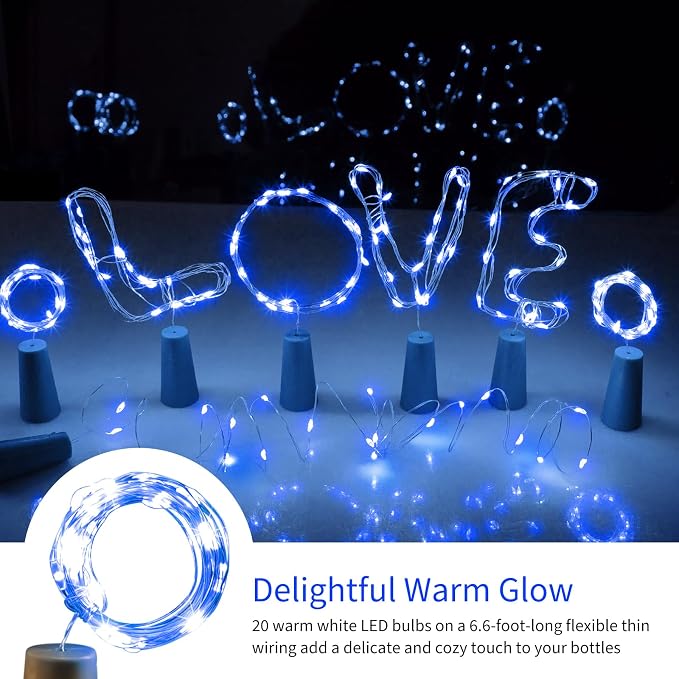 Brightown 10 Pack Wine Bottle Lights with Cork, Blue | 7ft 20 LED Battery Operated Cork Lights, Waterproof for Liquor Bottles DIY Party Holiday Wedding Décor