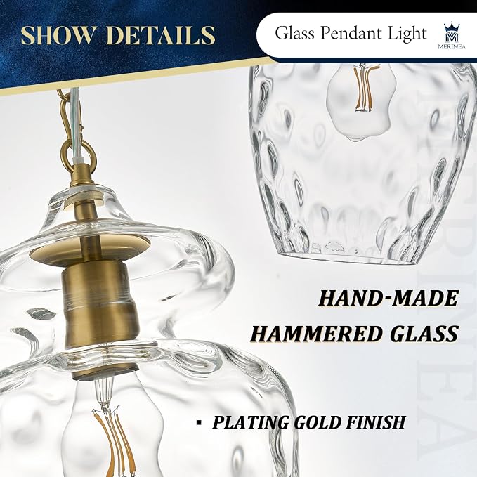 Modern Gold Pendant Lights Hammered Glass Pendant Lighting 9" Single E26 Hanging Ceiling Light for Kitchen Island Dining Room Hallway Bedroom Entryway