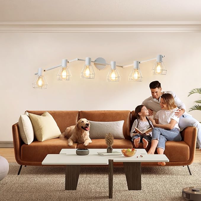 HiBay 6-Light Ceiling Track Lighting Fxiture White, Modern Spotlight, E26 | Rotatable 6 heads with farmhouse metal cage shade for kitchen living room dining area, bulb not included