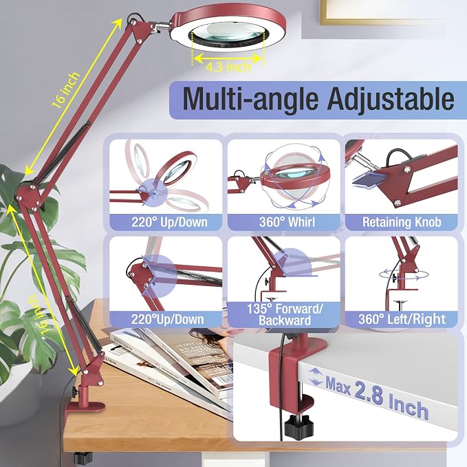 10X Magnifying Glass with Light and Clamp, Real Glass Stand Lighted Magnifier, 2*16 Arm 5 Color Modes Stepless Dimmable LED Desk Lamp Hands Free for Craft Hobby Reading Painting Close Work Large RED