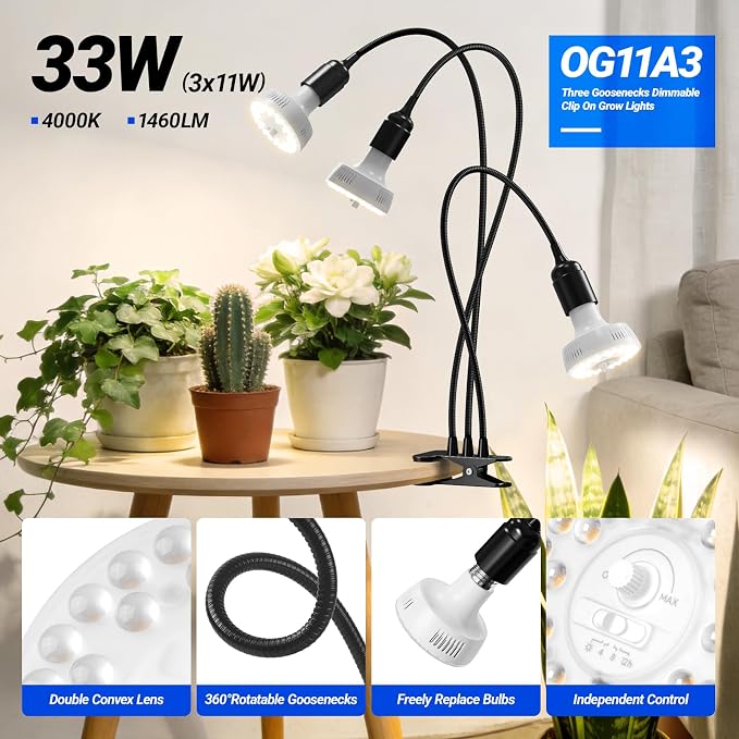 Barrina Orbgrow OG11A3 Clip On Grow Light for Indoor Plants, 4000K 33W | Integrated Stepless Dimming & Timing, Full Spectrum, High PPFD, 3 Goosenecks with E26 Plant Light Bulbs