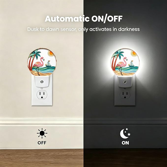 Decorative Night Lights Pink Flamingo Plug-in Nightlight Auto Light Sensors | Tropical Beach Palm Night Lights Plug into Wall Dusk-to-Dawn Auto Sensor for Bedroom Kitchen Toilet Hallway, Energy Saving