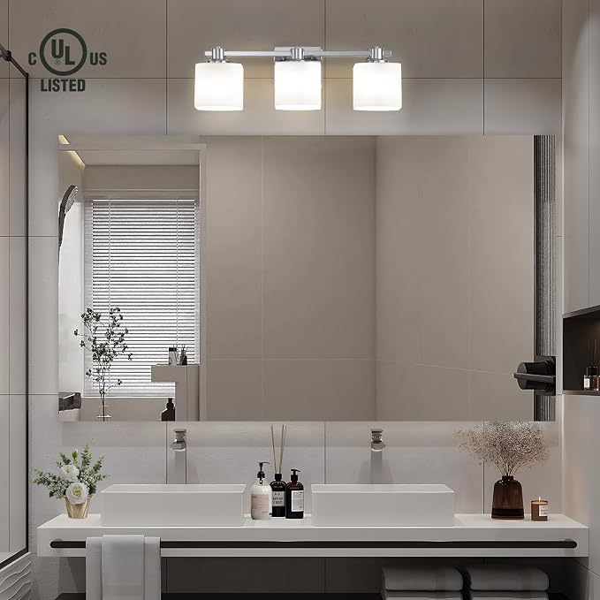 23 Inch Chrome Bathroom Light Fixtures Over Mirror 3 Light Bathroom Vanity Light Silver Modern Industrial Makeup Lighting Wall Sconce Shower Farmhouse Rustic Milk Glass Lamp Above Desk Sink