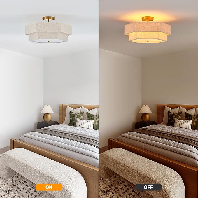 18" Large Gold Semi Flush Mount Ceiling Light, 3-Light Fixture | Beige Linen Double Hexagonal Shade, Modern Gold Finish For Bedroom, Dining, Living, Hallway, Entryway; Close-To-Ceiling, E26