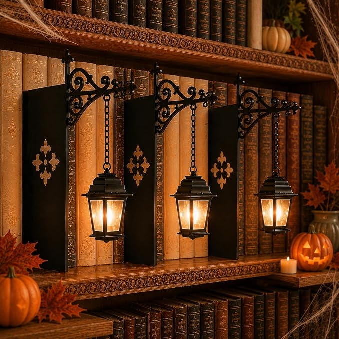 Library Lantern-Decorative Bookshelf Lighting, Reading Nook LED Nightlight, Metal Bookcase Lamps, Vintage Table Desk Luminaires, Studious Home Room Ornament (A-3Pcs)