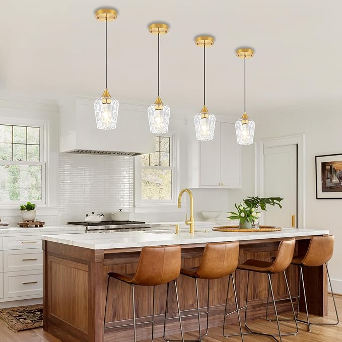 3 Pack Gold Pendant Lights Kitchen Island, Modern Hammered Glass Pendant Lighting Over Island, Hanging Kitchen Light Fixtures Over Sink Adjustable Mini Pendant Light for Bathroom Hallway Dining Room