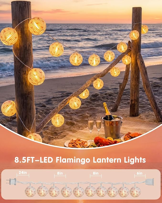 SUNSGNE Summer Flamingo Lantern String Lights, 8.5FT Summer Lights with 10 LED Flamingo Lanterns, Decorative String Lights Plug-in for Wedding Patio Garden Party Decor