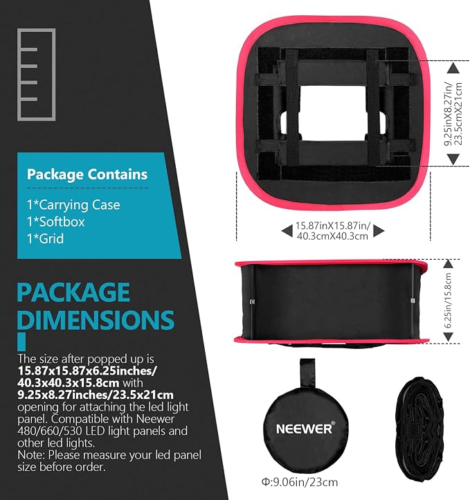NEEWER Foldable Softbox Light Box with Strap Clip, Grill and Carry Bag | Compatible with NEEWER 480/660/530 LED Light Panels, Opening 9.3 x 8.3 in, Black + Red