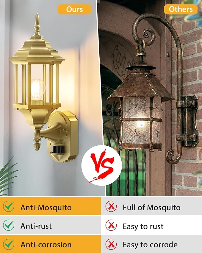 Redluck Motion Sensor Outdoor Lights, 2 Pack 16 inch Dusk to Dawn Outside Porch Lights, Waterproof Anti-Rust Aluminum Outdoor Wall Lights Exterior Lighting Fixtures for House, Garage, Front Door, Gold