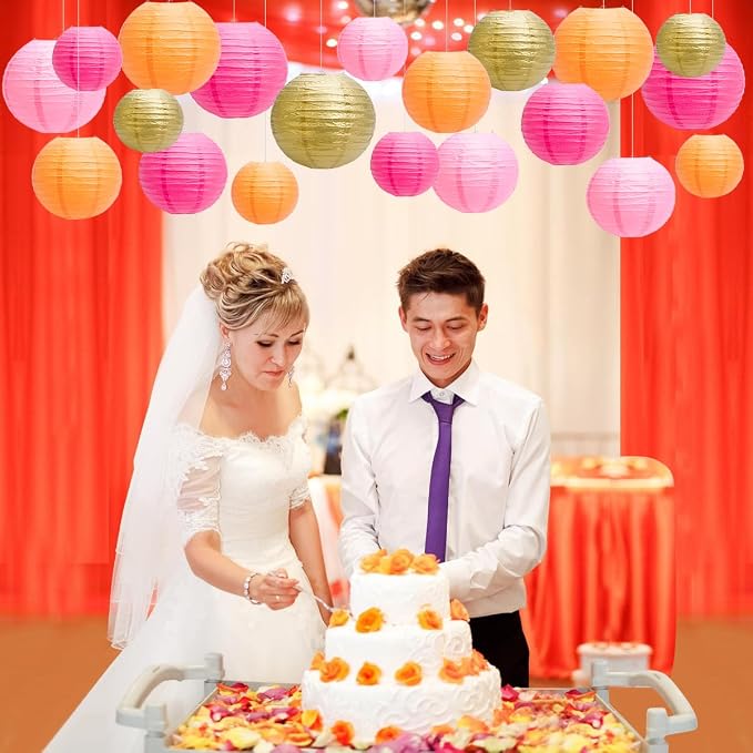 Paper Lanterns Party Decorations, Hanging Round Chinese Lanterns for Graduation Baby Shower Birthday Decorations Pack of 20 Pink Orange