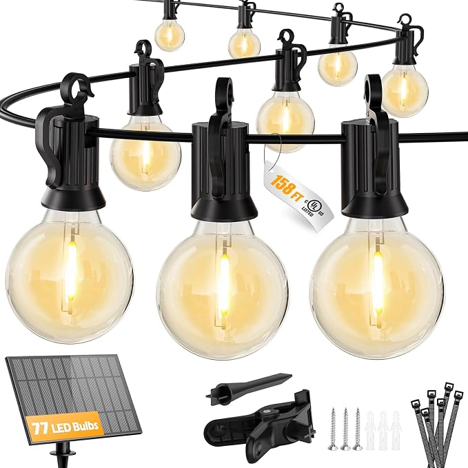 Brightown 158FT 77LED Solar String Lights Outdoor with USB Port | Shatterproof Bulbs, Dimmable & Timable, 3 Modes, Solar Patio Lights with a Mount Clip for Camping Backyard Garden Decor