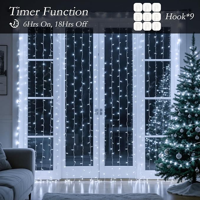 300 LED Cool White Curtain String Lights 9.8x9.8FT Plug in Fairy Lights with 9 Hooks Dimmable Timer & 8 Modes IP44 Waterproof Bedroom Office Wall Wedding Backdrop Christmas Indoor Outdoor Decor