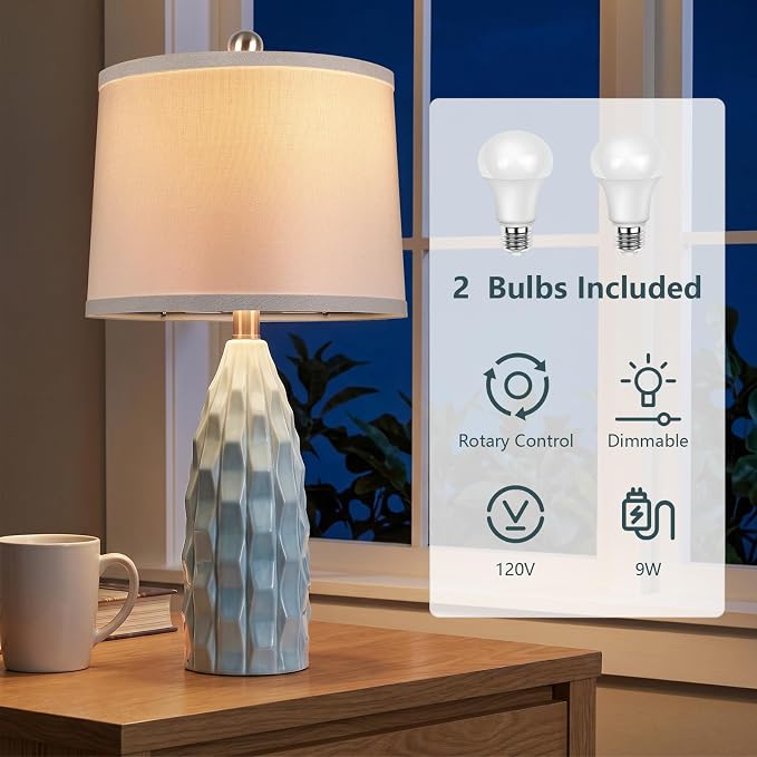 WIHTU 24" Ceramic Table Lamps Set of 2, Modern Nightstand Light, Blue | Linen Shade, 3 Color Temps, Farmhouse/Boho Style, Bedroom/Living Room/Office Decor, Ideal Gifts, 2 Bulbs Included, E26 Base
