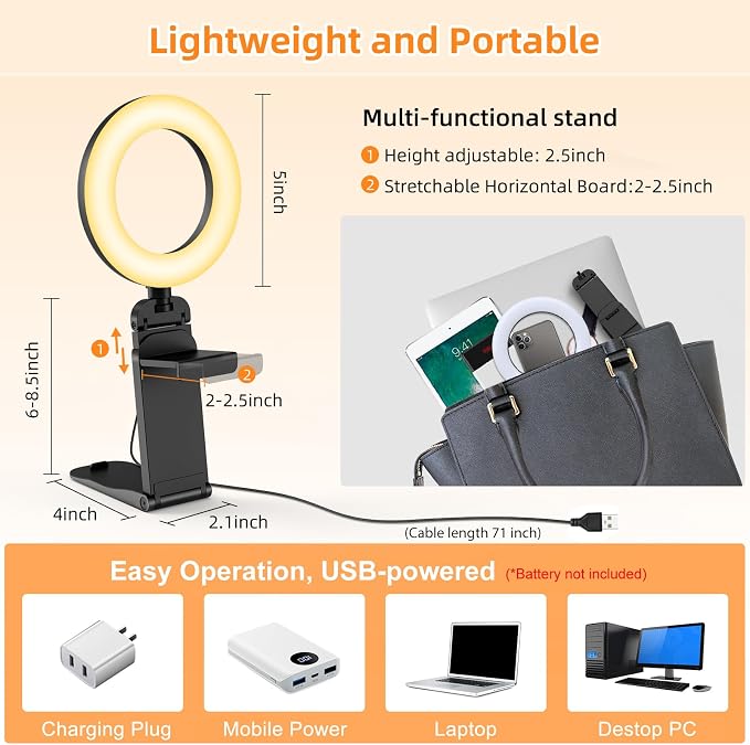 2Packs-Ring Light for Computer Laptop,Video Conference Lighting kit for Zoom Meetings,5" Small Led Selfie Light Portable DeskLight with Stand,Cell Phone Holder Desktop Lighting for Skype Call Black