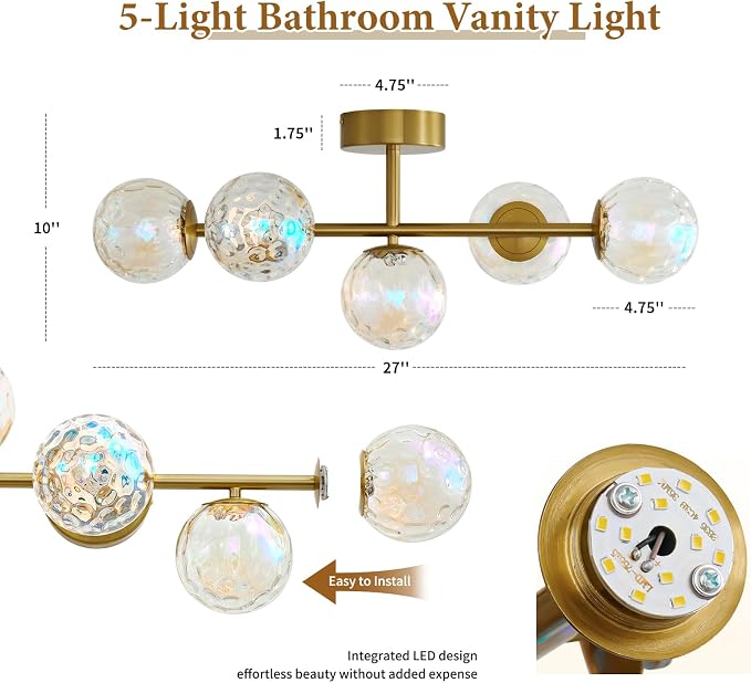 Brushed Gold LED Stained Hammered Glass Globe Bathroom Vanity Light | Colorful Water Ripple Light Effect, Decorative Stained Hammered Glass, Brushed Gold Finish, Built-In LED Source, mcm design