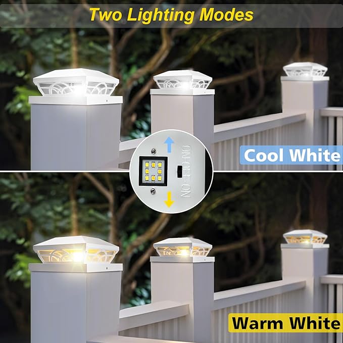 T-SUN Solar Post Cap Lights 12 Pack – Outdoor Waterproof Fence Lights for 3.5x3.5 4x4 5x5 5.5x5.5 Wood/Vinyl Posts, with 2 Brightness Modes Solar Deck Light for Patio, Garden, Porch(White)