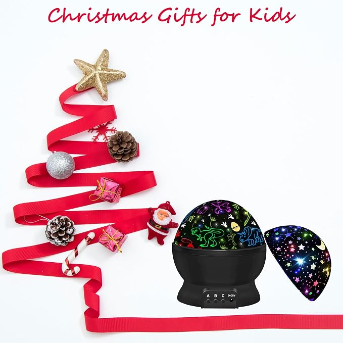 Night Light for Kids, 2-in-1 Dinosaur & Starry Sky Kids Night Projector, 360° Rotating Silent Star Night Light with USB Cable, Color Changing Toddler Room Decor, Gifts for 3-8 Year Old Girls Boys
