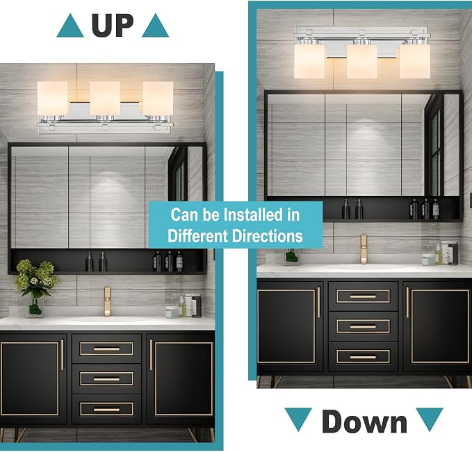 Modern Bathroom Light Fixtures Over Mirror, Vanity Lights for Bathroom Wall Sconces with Milky White Glass Shades, E26 Socket (Bulbs Not Included), 3 Light, Chrome