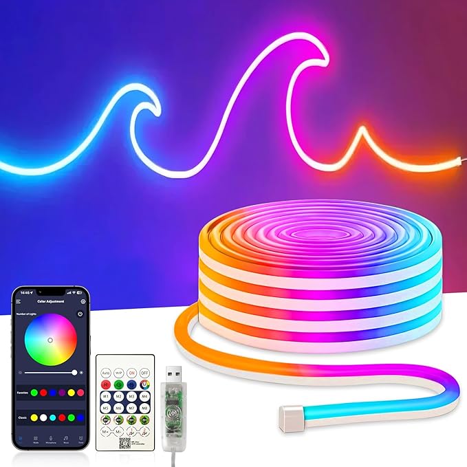 EZMYMA16.4ft RGB+IC LED Neon Rope Light Strip with Remote | 5v USB Powered,Multiple Modes,Music Sync,For Living Room, Bedroom, Party & Holiday Decoration