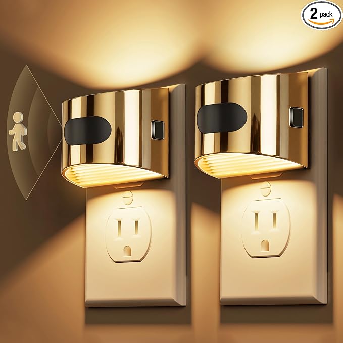 L LOHAS LED Motion Sensor Night Light, Night Lights Plug into Wall, 2 Pack | Nightlight with Dusk to Dawn & Motion Detection Sensor, 30-100Lm Adjustable Brightness, 3000K Warm White, Gold Housing