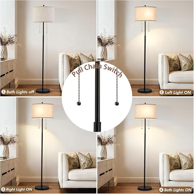 Luvkczc Floor Lamp, 62" Standing Lamp Tall Lamp with Fabric Lampshade&Pull Chain Corner Floor Lamps for Living Room, Bedroom,Office Corner (Black 2 Bulb Socket)