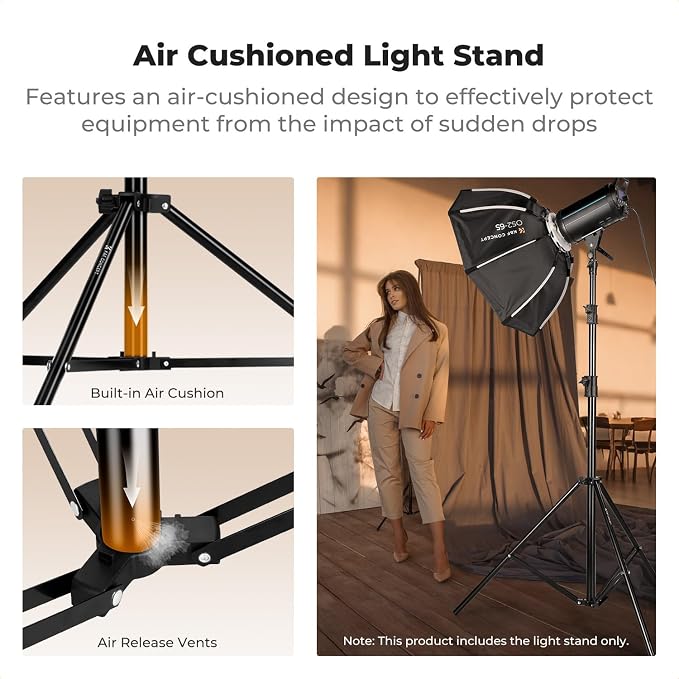 K&F CONCEPT Air Cushioned Light Stand, 41-110" Height, 1/4"-3/8" Adapter | 9.2ft Heavy Duty Photography Tripod Stand, Max Load 17.6 lbs, Sandbag Included for Studio Softbox COB Light, TL14