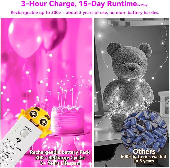 ZSJWL Rechargeable Fairy Lights with DIY Timer & 8 Modes, 16FT 50LED String Lights Battery Operated Indoor, Twinkle mini Lights for Bedroom Christmas Wedding Centerpiece Decor (Pink)