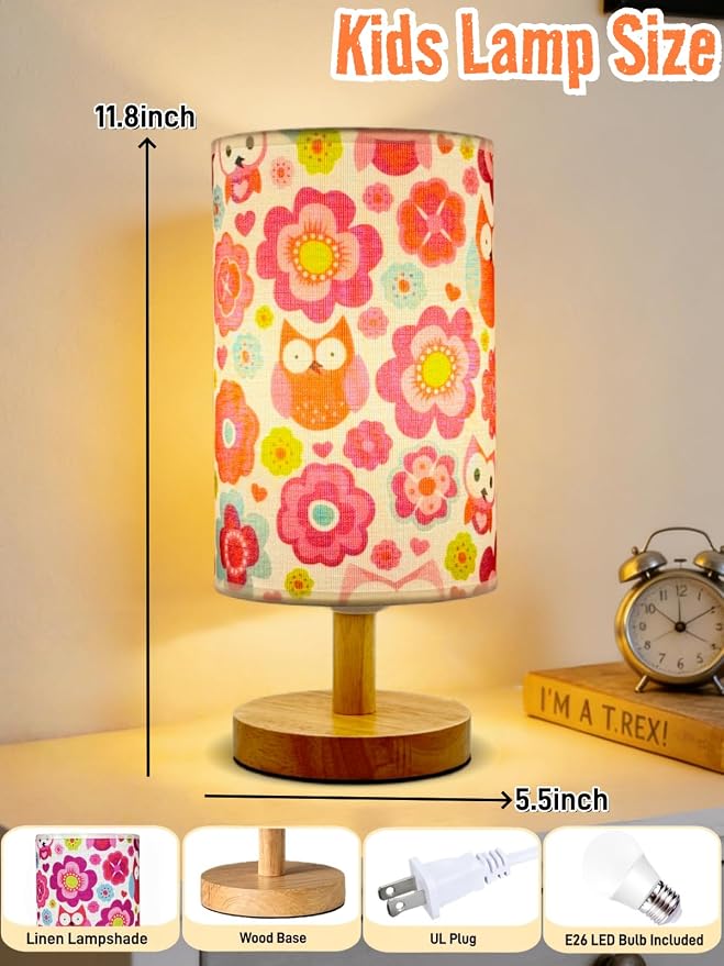 Owl Flower Kids Table Lamp for Bedroom Girls Bedsid Lamps,3-Way Dimmable Wood Base Nightstand Night Light with Cartoon Pattern Lampshade for Bedroom Living Kid Room Study for Kawaii Gift for Girls