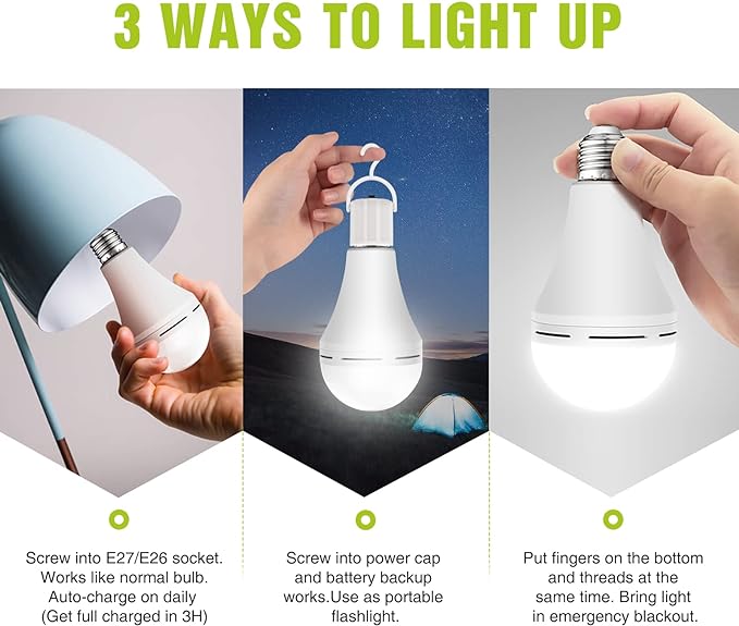 Neporal Rechargeable Light Bulbs Battery Operated Powered Backup Light Bulb, 15W 80W Equivalent 6000K 1200mAh, Emergency Light Bulb for Lamp Camping Works Even Power Outage -2 Packs + 2 Portable Hooks