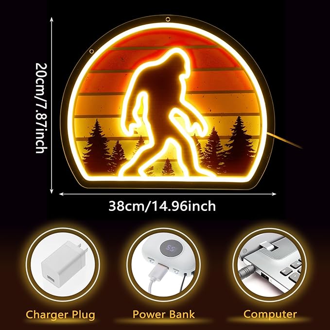 Sasquatch Neon Sign Bigfoot Neon Light for Wall Decor, Retro Sunset Sasquatch Forest LED Light up Sign for Man Bedroom Decor Birthday Holiday Big Foot Gifts, 15.35 x 12.2 Inch