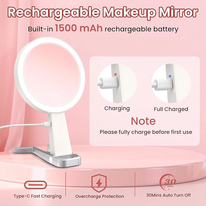 Makeup Mirror with Lights, 10X /1X Double-Sided Lighted Makeup Mirror with Magnification, Rechargeable Magnifying Mirror with 3 Color Lights, Portable Make up Mirror 3 in 1 Tabletop/Handheld/Hanging