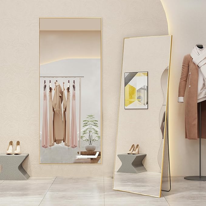 Full Length Floor Mirror, 21"x64" Body Wall Mirror with Stand | Shatter-Proof Nano Glass, Tall Standing, Hanging or Leaning, Aluminum Alloy Frame for Bedroom, Modern Home Decor, Gold