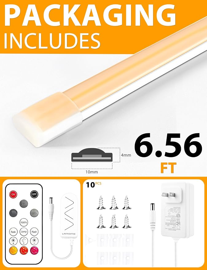 Lamomo COB LED Strip Lights 6.56Ft, Warm White Dimmable Self-Adhesive Led Rope Light with Remote, Flexible Cuttable Waterproof 3000K Silicone Neon Tape Light for Bedroom, Indoor, Cabinet, 10mm Width