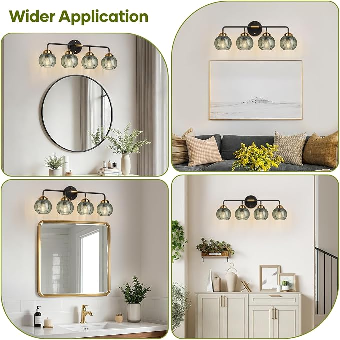 MOKATNG Bathroom Light Fixtures, 4-Light Green Vanity Lights with Unique Leaf Texture Glass Shade, Modern Matte Black and Gold Bathroom Wall Lamp for Mirror Hallway Cabinet Living Room