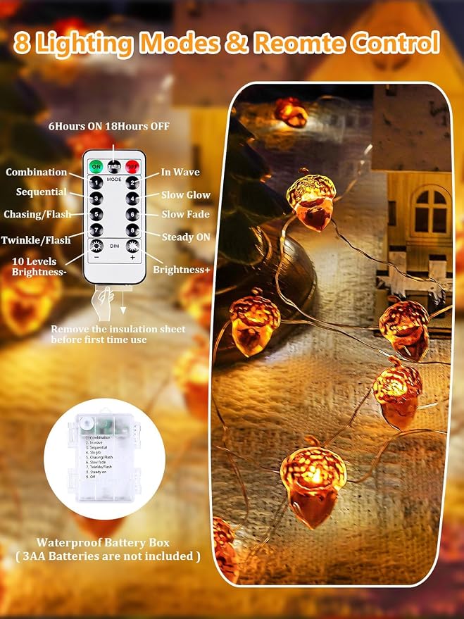 EXF Fall Decor Acorn Fairy Lights Battery Operated with Remote 10FT 30 LED | 8 Modes & Timer, IP44 Waterproof Halloween Twinkle String Lights for Indoor Outdoor Autumn Harvest Thanksgiving Day Decor