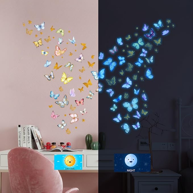 Glow in the Dark Butterfly Wall Stickers Luminous PVC Decals Self-Adhesive Peel and Stick for Kids Bedroom Living Room Nursery Home Decor
