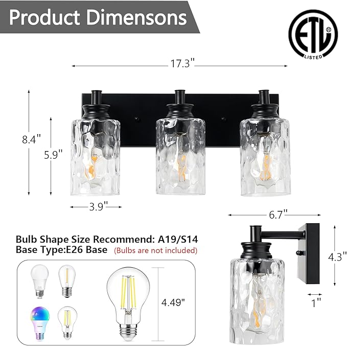 3 Light Bathroom Vanity Light Modern Black Bathroom Light Fixtures Over Mirror with Hammered Glass Lampshade for Kitchen Hallway