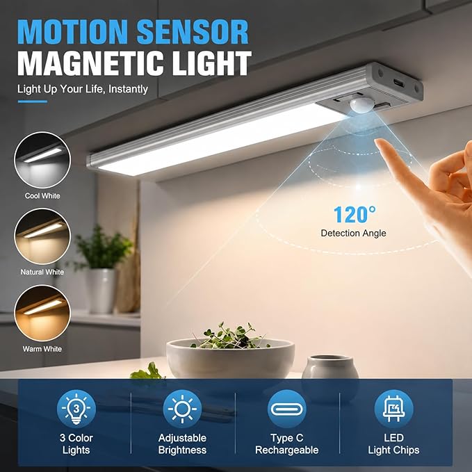 6Pack Aluminum Under Cabinet Lighting, 12inch Rechargeable Ultra-Thin Magnetic Motion Sensor Closet Lights, 3 Colors & Dimmable, USB-C Wireless Under Counter Lights for Kitchen, Pantry, Wardrobe