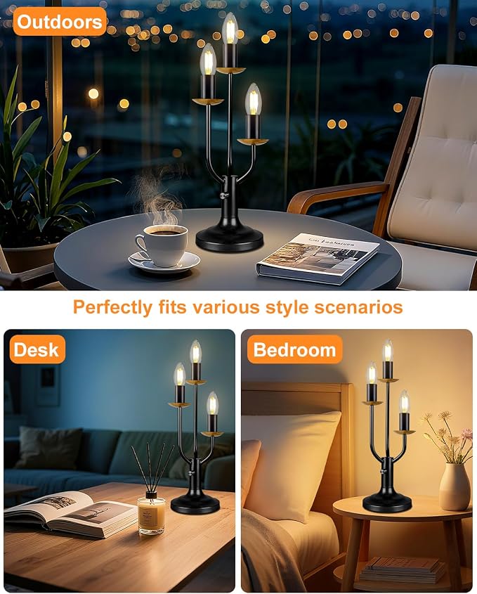 Vintage Black Candelabra Table Lamp Dimmable Gift E12 Bulbs Included