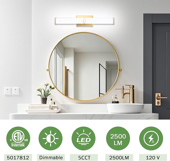 24 Inch Bathroom Vanity Light 2500LM, AC 120V 5CCT Modern Bathroom Lighting Fixtures Over Mirror Dimmable, 25W Gold LED Vanity Lighting Fixtures Wall Sconce ETL Certified, 1Pack