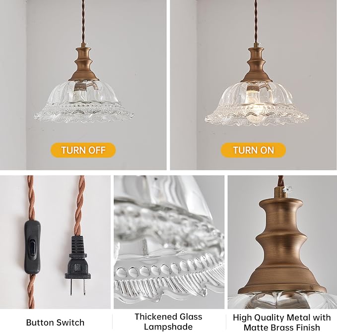 HDDFL Plug in Pendant Light Fixtures Vintage Pendant Lighting with Plug in Cord Hanging Light Kitchen Glass Hanging Lamp with Switch for Island Dining Room Living Room