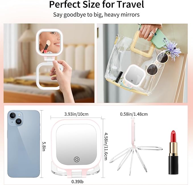 FUNTOUCH Rechargeable Travel Makeup Mirror, 20X/1X Magnifying Double Sided Makeup Mirror, Lighted Portable Vanity Mirror,3 Colors Lighting & Stepless Dimming,with Tweezers & Bag,Gift for Women,Pink