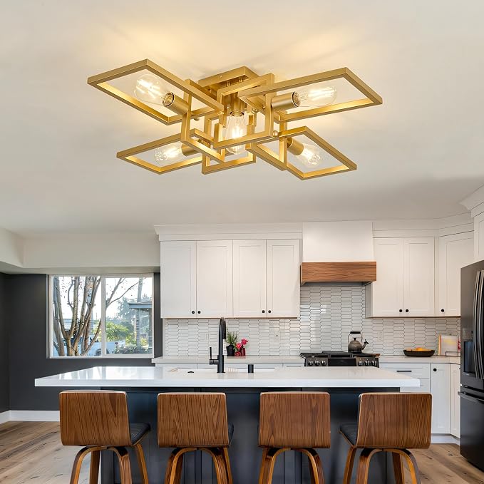 ZGLAOJT Semi Flush Mount Ceiling Light 5-Light Gold Kitchen Light Fixtures | Modern Large Matte Sputnik Chandelier for Dining Room Bedroom Farmhouse Living Room